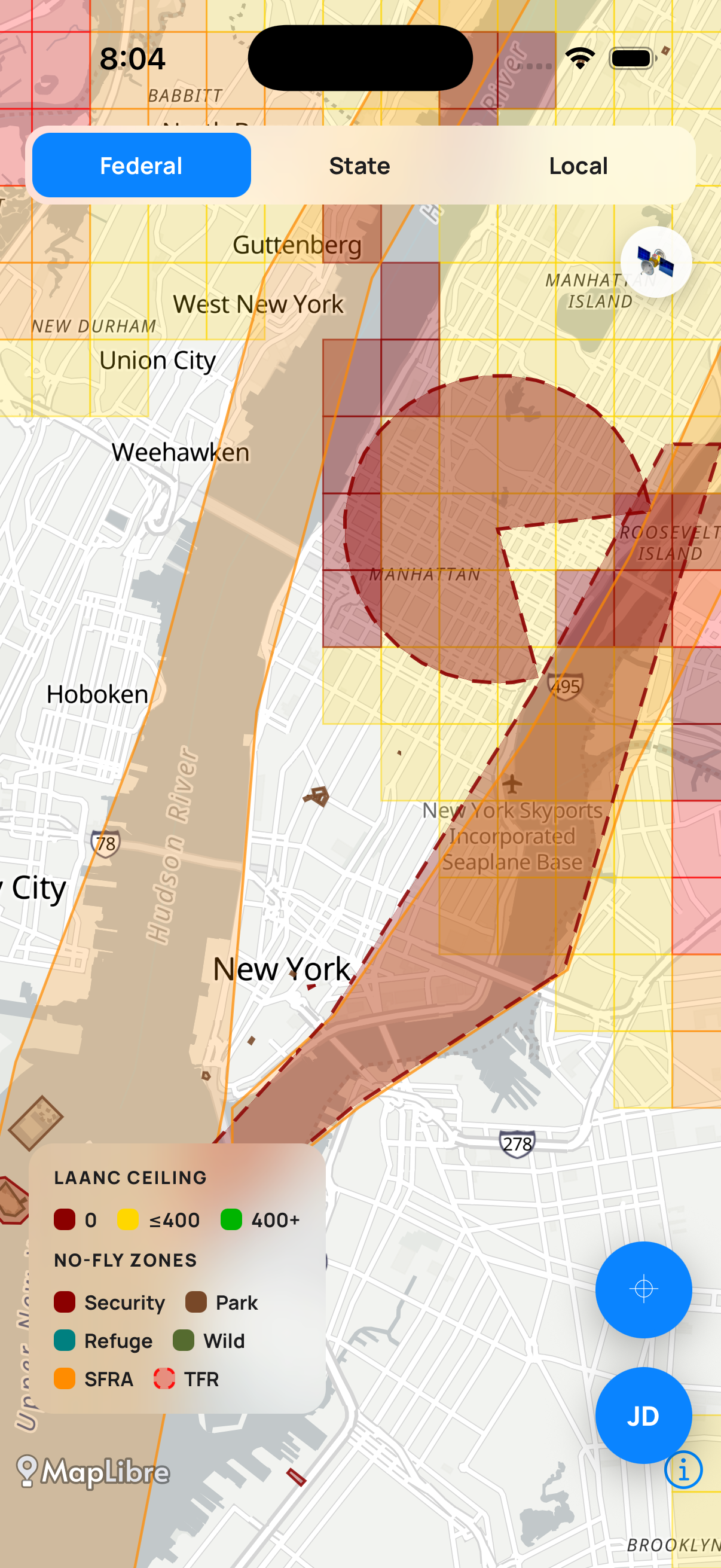 AirClear Federal tab: LAANC ceilings and no-fly zones over New York