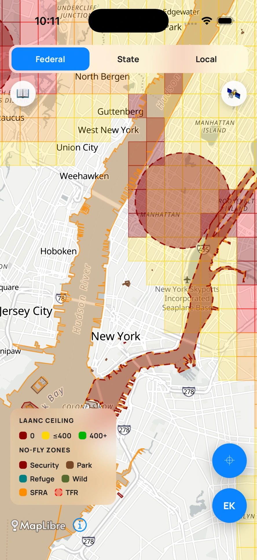 AirClear Federal tab: LAANC ceilings and no-fly zones over New York