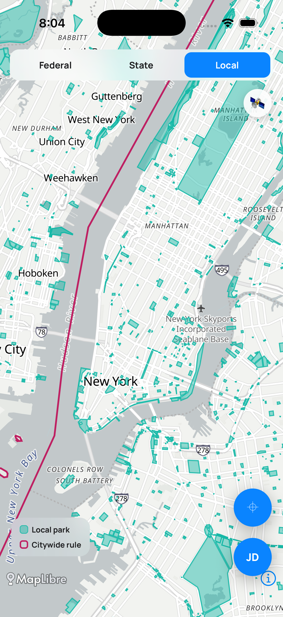 AirClear Local tab: local park land and the citywide rule boundary over New York