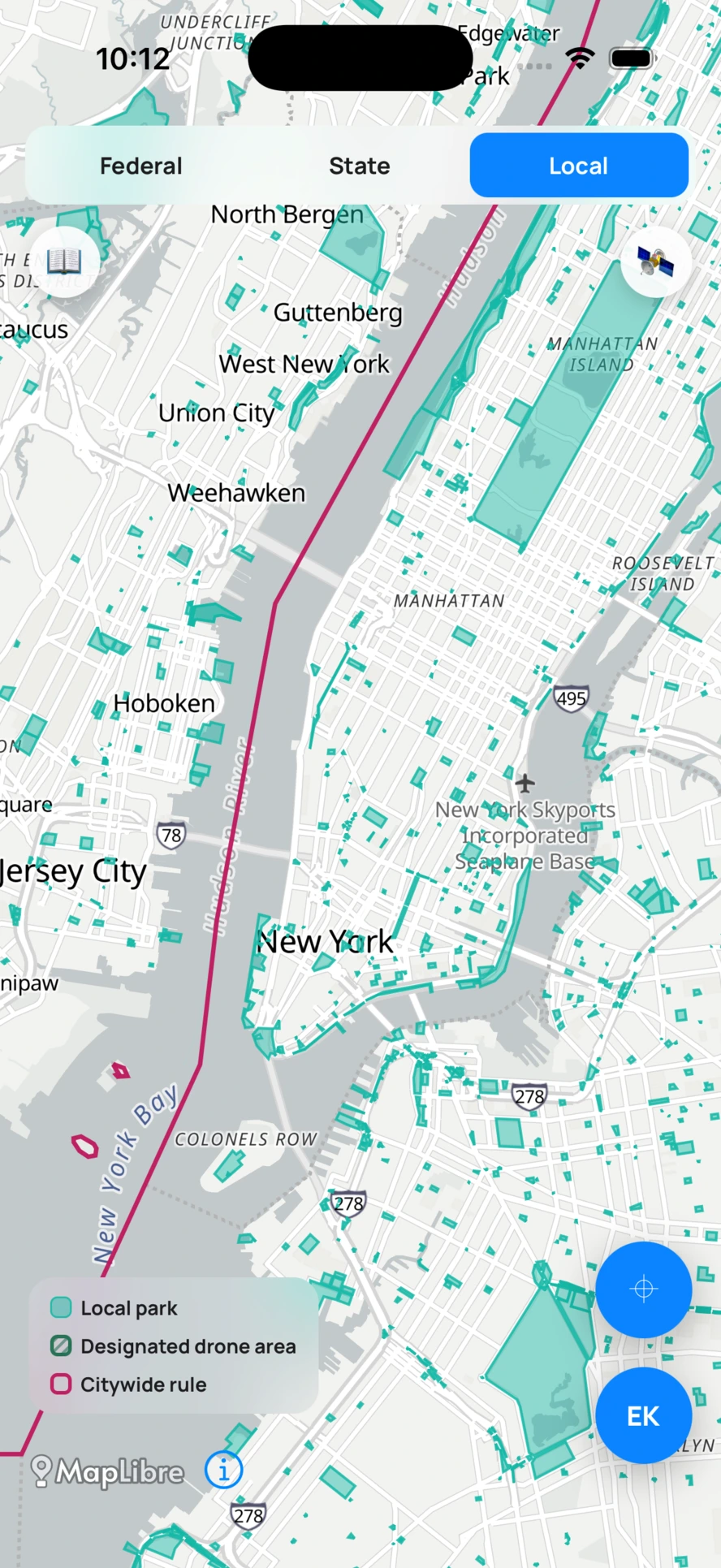 AirClear Local tab: local park land and the citywide rule boundary over New York