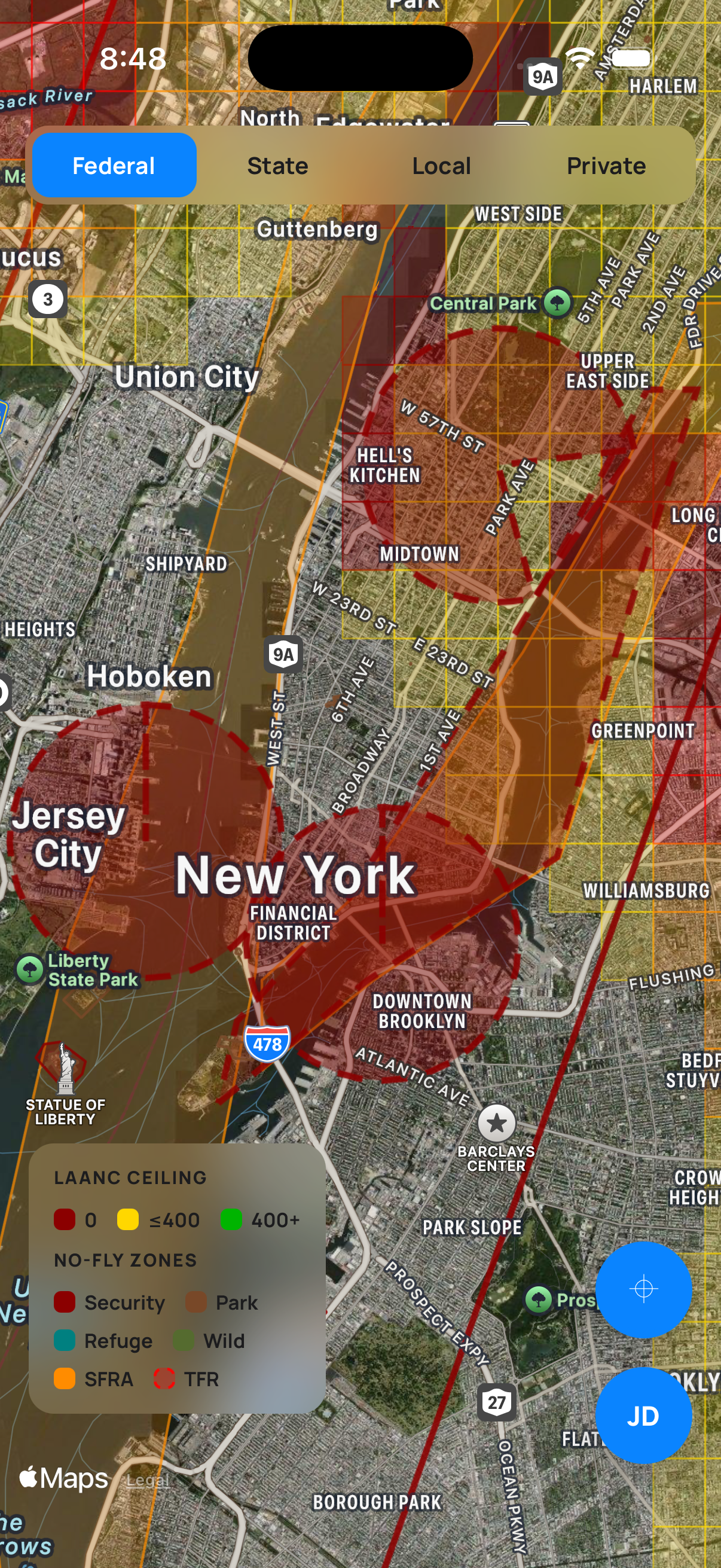 AirClear live airspace map over New York