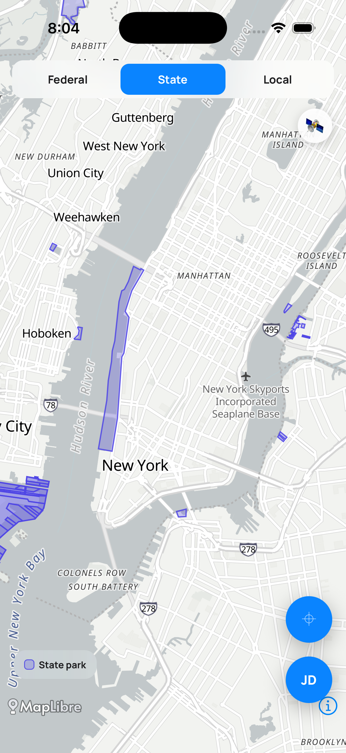 AirClear State tab: state park land over New York