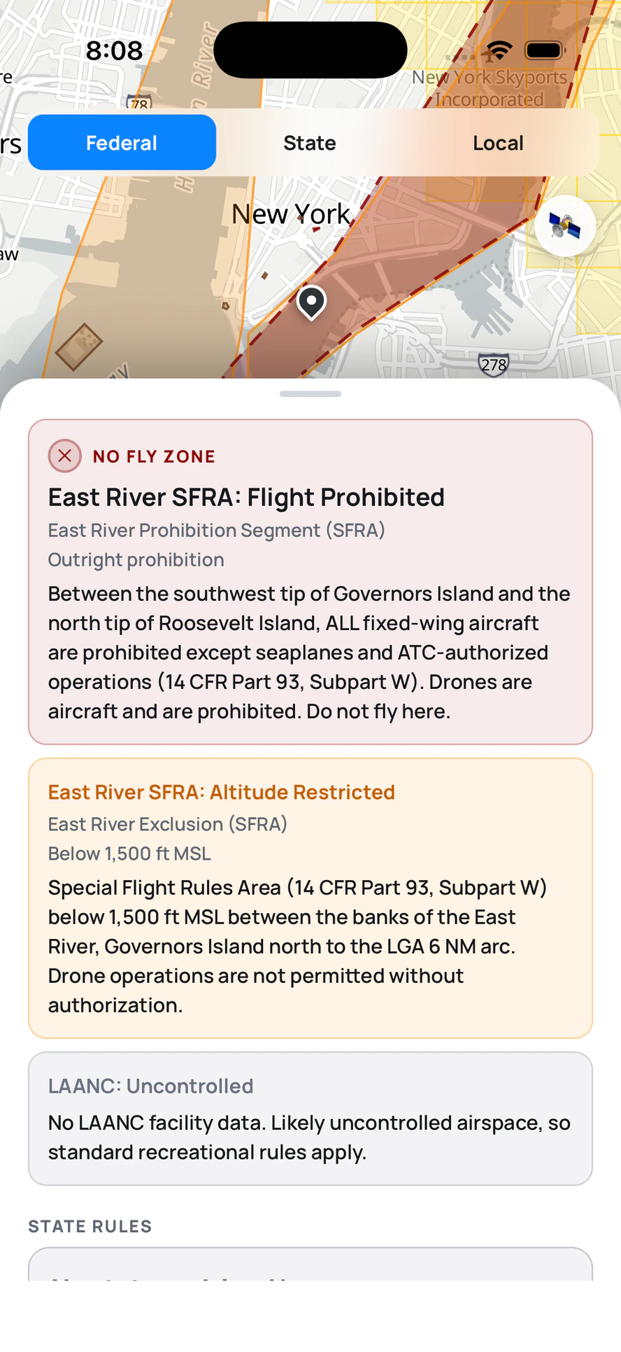 Restriction details sheet for the East River SFRA, citing 14 CFR Part 93