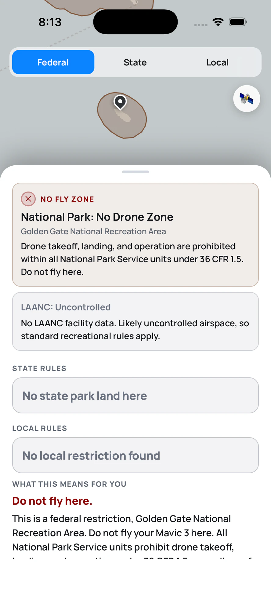 National park boundary at Golden Gate National Recreation Area, with the no-drone-zone answer